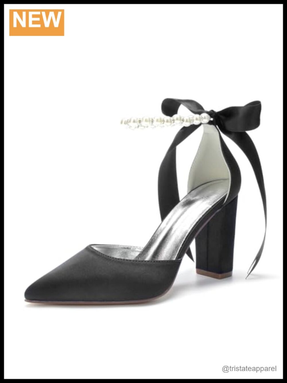 Pearl Satin Wedding Heels Pointed Toe Block Heels for Bride Prom Party